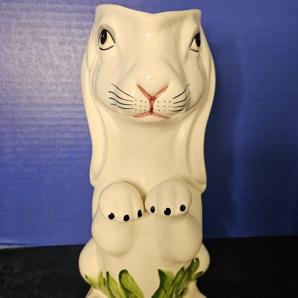 Tall Moltahedeh Rabbit Pitcher 1950s Portugal Hand Painted Bunny Green Leaf Hand - Picture 2 of 15